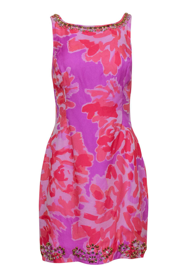 Current Boutique-Lilly Pulitzer - Pink & Purple Floral Printed Silk Dress w/ Beading Sz 6