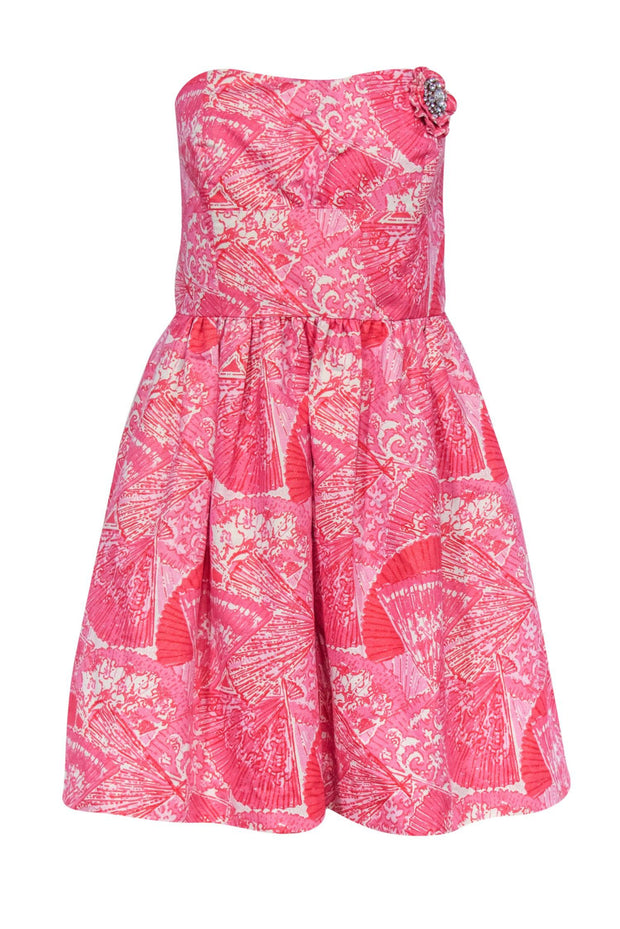 Current Boutique-Lilly Pulitzer - Pink & Red Metallic Fan & Floral Print Strapless Dress Sz 10