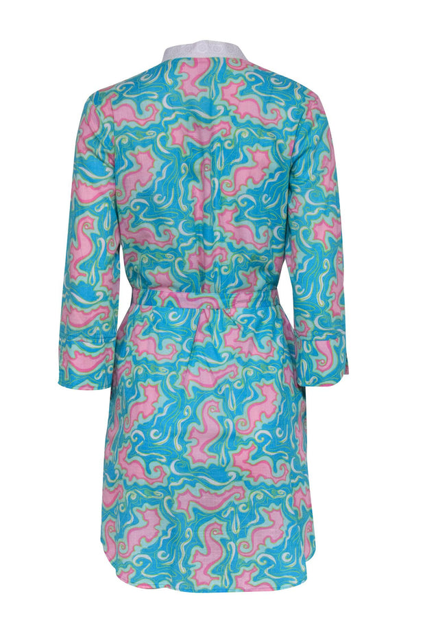 Current Boutique-Lilly Pulitzer - Pink & Teal "Pillar" Cotton Shirtdress Sz S