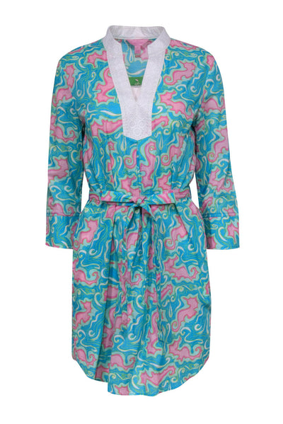 Current Boutique-Lilly Pulitzer - Pink & Teal "Pillar" Cotton Shirtdress Sz S