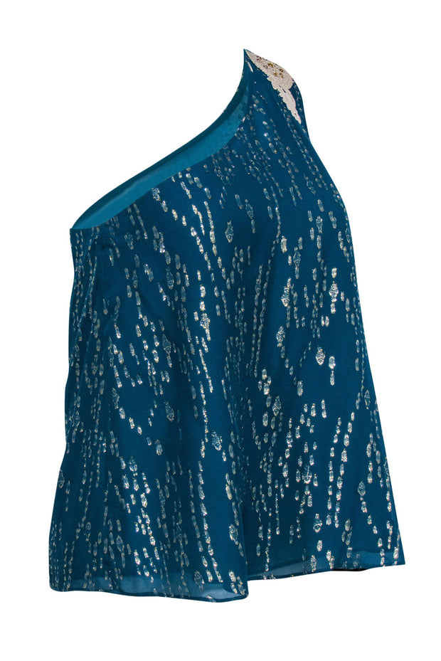 Current Boutique-Lilly Pulitzer - Teal & Gold Speckled One-Shoulder Blouse w/ Lace Embellishment Sz 4