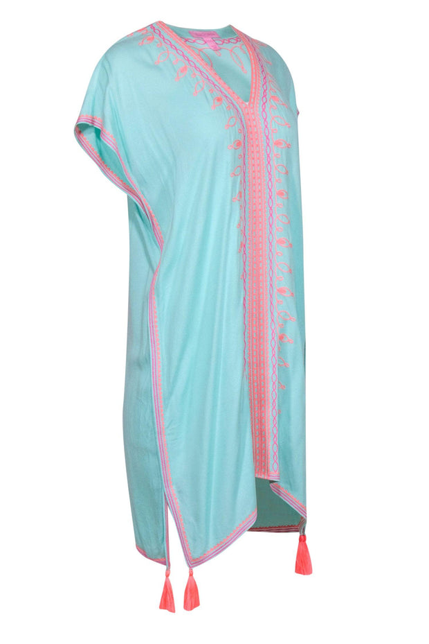 Current Boutique-Lilly Pulitzer - Turquoise Caftan w/ Pink Embroidery & Neon Coral Tassels Sz XXS/XS