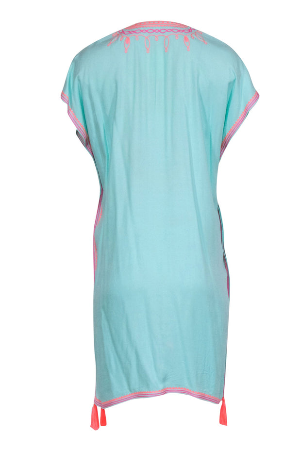 Current Boutique-Lilly Pulitzer - Turquoise Caftan w/ Pink Embroidery & Neon Coral Tassels Sz XXS/XS