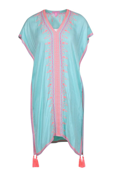 Current Boutique-Lilly Pulitzer - Turquoise Caftan w/ Pink Embroidery & Neon Coral Tassels Sz XXS/XS