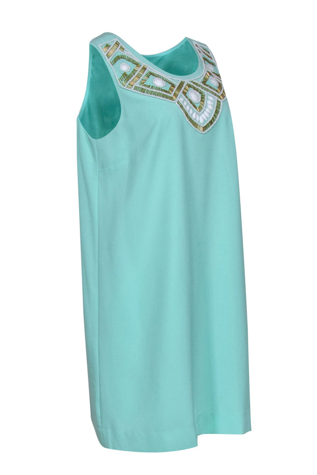 Current Boutique-Lilly Pulitzer - Turquoise Crepe 'Sabrina' Shift Dress w/ Embellishment Sz M