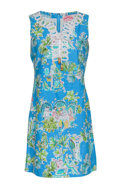 Current Boutique-Lilly Pulitzer - Turquoise Embroidered Sheath Dress w/ Garden Print Sz 8