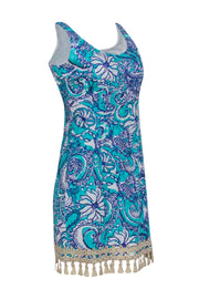 Current Boutique-Lilly Pulitzer - Turquoise Floral & Fish Print Textured Shift Dress w/ Gold Tassel Hem Sz 6