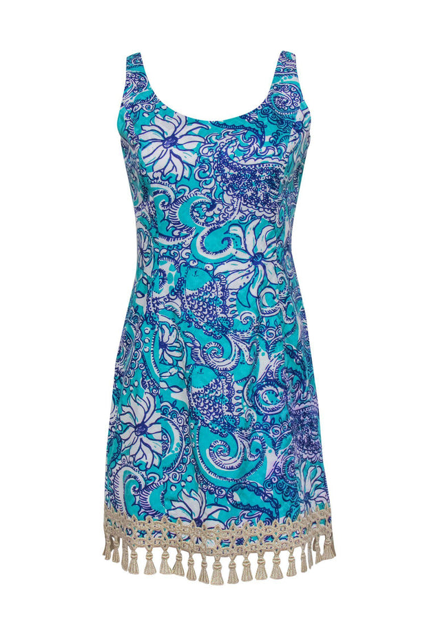 Current Boutique-Lilly Pulitzer - Turquoise Floral & Fish Print Textured Shift Dress w/ Gold Tassel Hem Sz 6