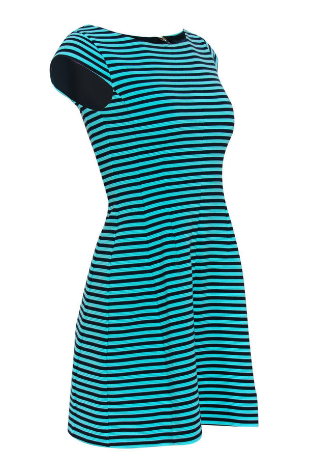 Current Boutique-Lilly Pulitzer - Turquoise & Navy Striped Cap Sleeve Fit & Flare Dress Sz XS