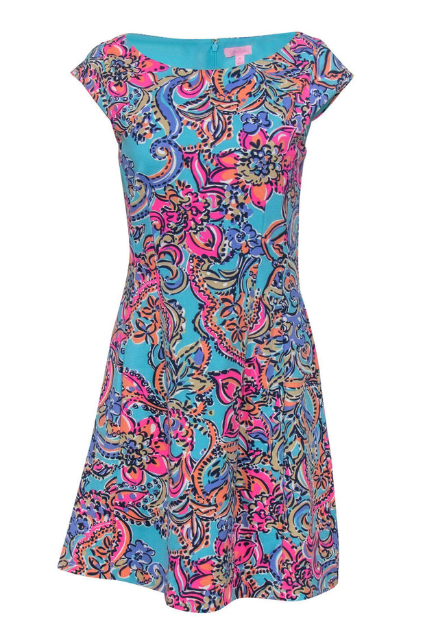 Current Boutique-Lilly Pulitzer - Turquoise & Pink Floral Print Sleeveless Sheath Dress Sz M