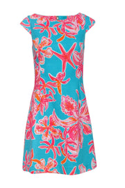 Current Boutique-Lilly Pulitzer - Turquoise & Pink Starfish Floral Ribbed Sheath Dress Sz XS