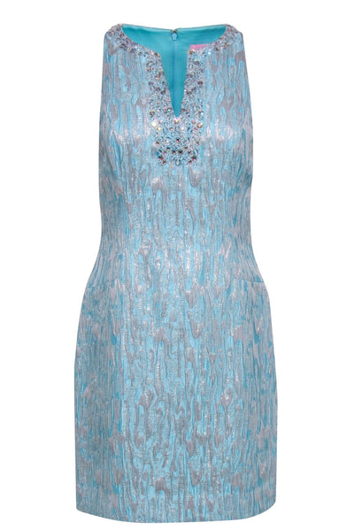 Current Boutique-Lilly Pulitzer - Turquoise & Silver Textured "Airy" Shift Dress w/ Beaded Neckline