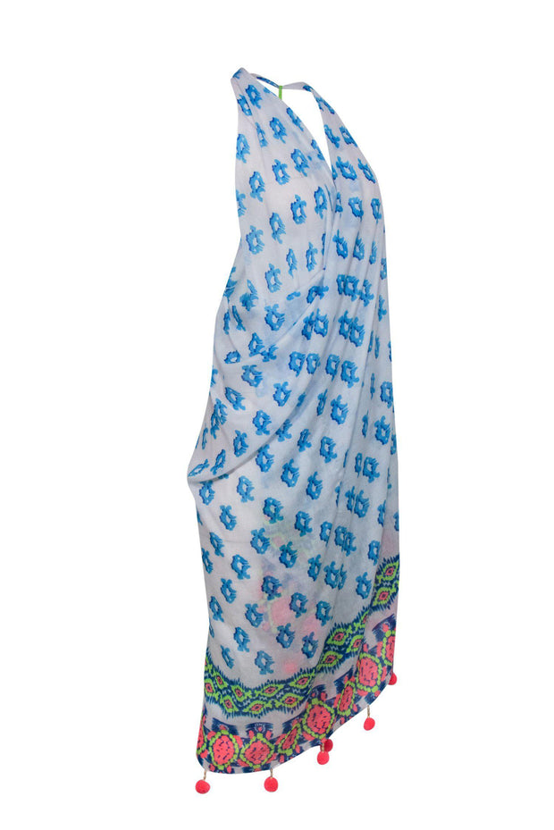 Current Boutique-Lilly Pulitzer - White & Blue Printed Scarf-Style Halter Cover-Up w/ Pom-Pom Trim Sz OS