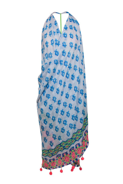 Current Boutique-Lilly Pulitzer - White & Blue Printed Scarf-Style Halter Cover-Up w/ Pom-Pom Trim Sz OS