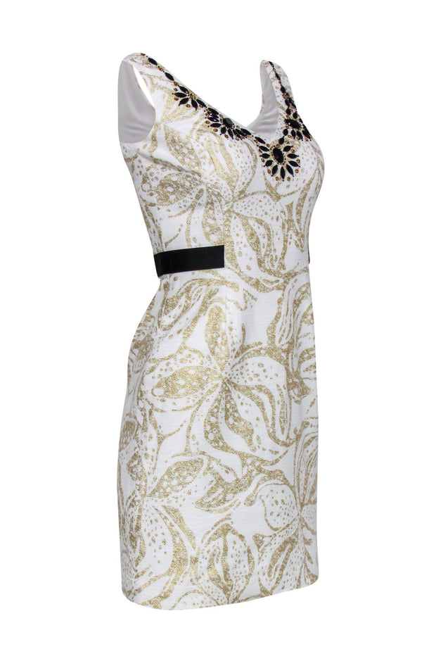 Current Boutique-Lilly Pulitzer - White, Gold & Black Beaded Woven Sheath Dress Sz 0