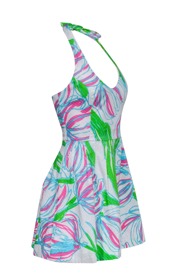 Current Boutique-Lilly Pulitzer - White Halter Fit & Flare Dress w/ Floral Pink, Green & Teal Print Sz 0