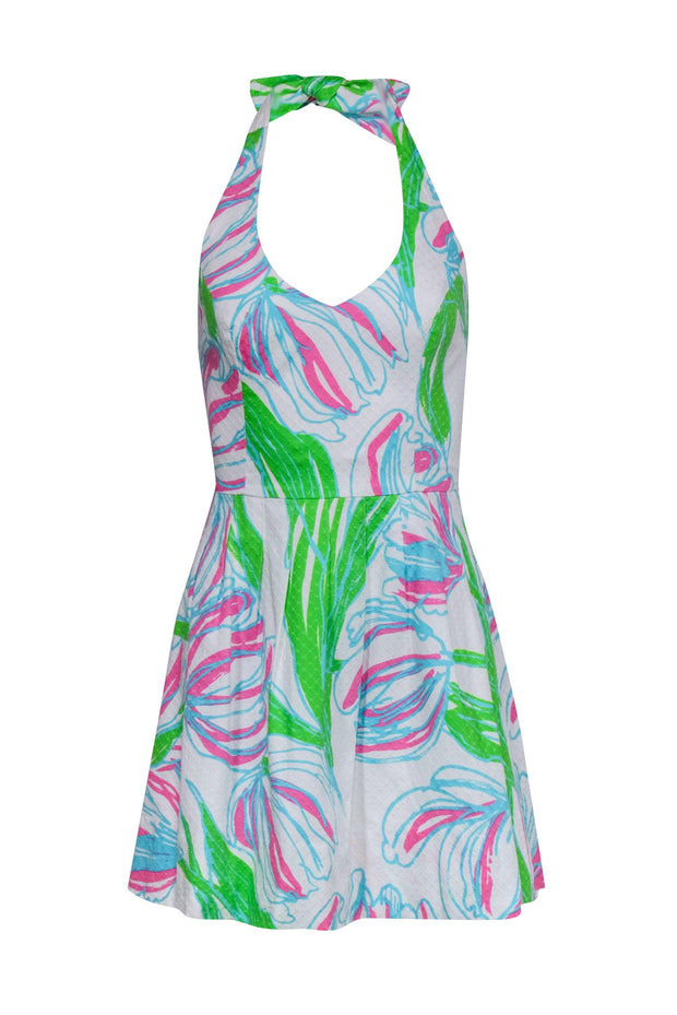 Current Boutique-Lilly Pulitzer - White Halter Fit & Flare Dress w/ Floral Pink, Green & Teal Print Sz 0