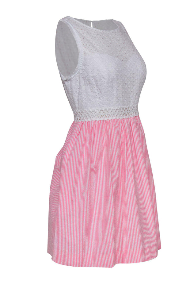 Current Boutique-Lilly Pulitzer - White & Pink Striped Seersucker "Alivia" Dress w/ Eyelet Top Sz 6