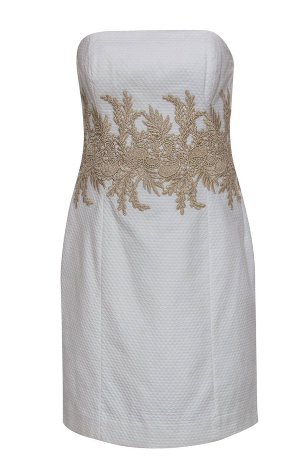 Current Boutique-Lilly Pulitzer - White Sleeveless Dress w/ Gold Paisley Lace Detail Sz 4