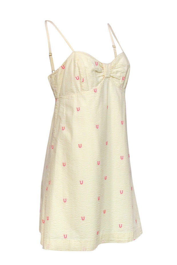 Current Boutique-Lilly Pulitzer - Yellow, White & Pink Striped & Horseshoe Embroidered Cotton Dress Sz 12