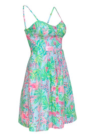 Current Boutique-Lilly Putlitzer - Blue, Green & Pink Cotton Tropical Flamingo Print Dress Sz 00