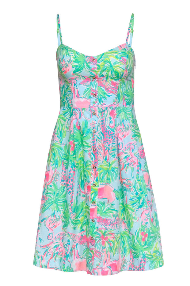 Current Boutique-Lilly Putlitzer - Blue, Green & Pink Cotton Tropical Flamingo Print Dress Sz 00