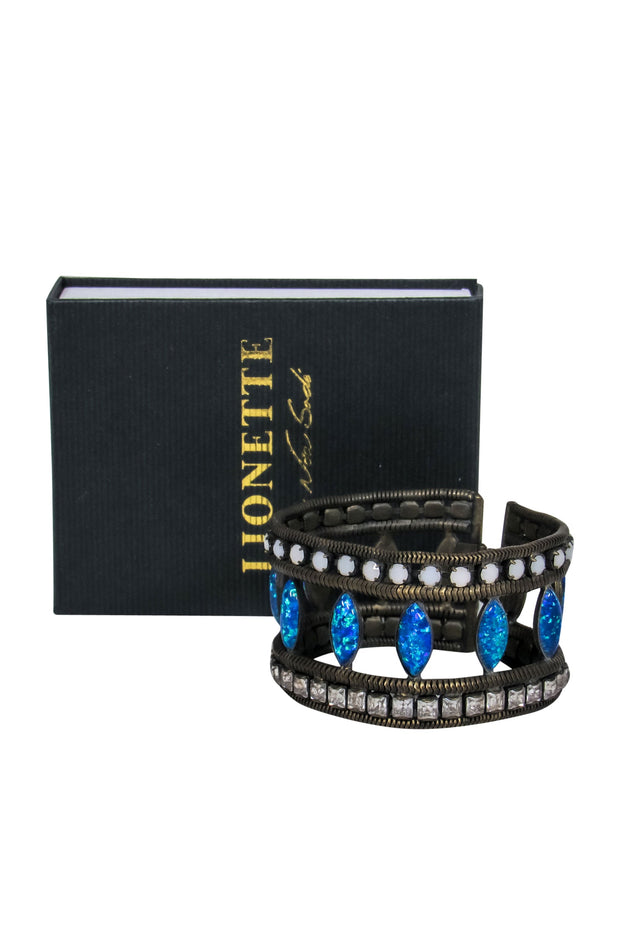 Current Boutique-Lionette - Bronze Wide Cutout Bracelet w/ Multicolored Gems