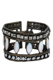 Current Boutique-Lionette - Bronze Wide Cutout Bracelet w/ White & Silver Gems