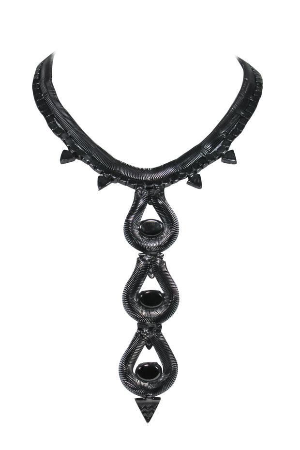 Current Boutique-Lionette - Gunmetal Jeweled Statement Necklace w/ Bar Pendant