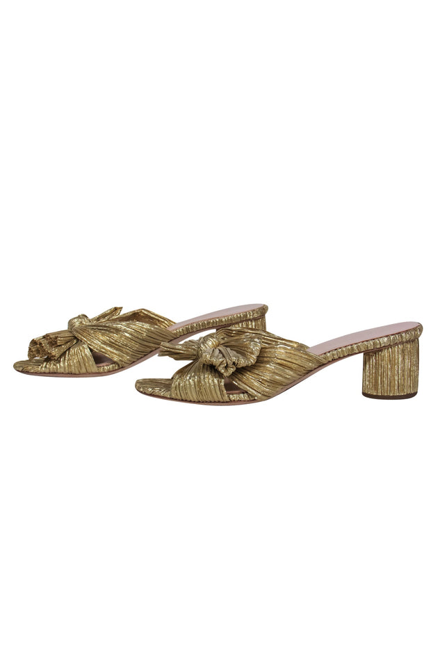 Current Boutique-Loeffler Randall - Gold Crinkle Texture Knotted Block Heel Mule Pumps Sz 9