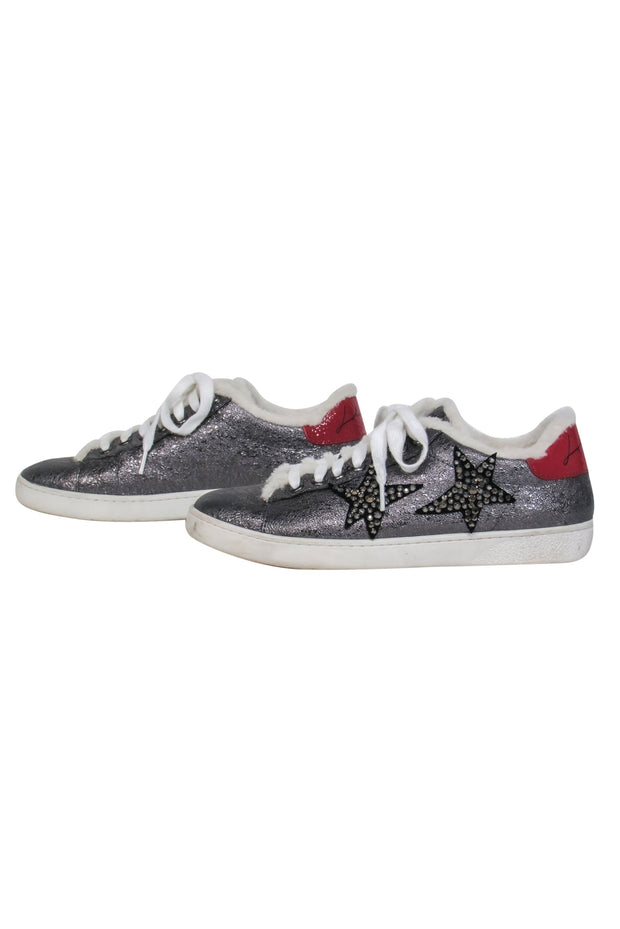 Current Boutique-Lola Cruz - Silver Leather Low Top Sneakers w/ Jeweled Star Embellishments Sz 8