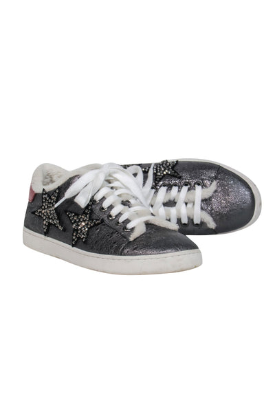 Current Boutique-Lola Cruz - Silver Leather Low Top Sneakers w/ Jeweled Star Embellishments Sz 8