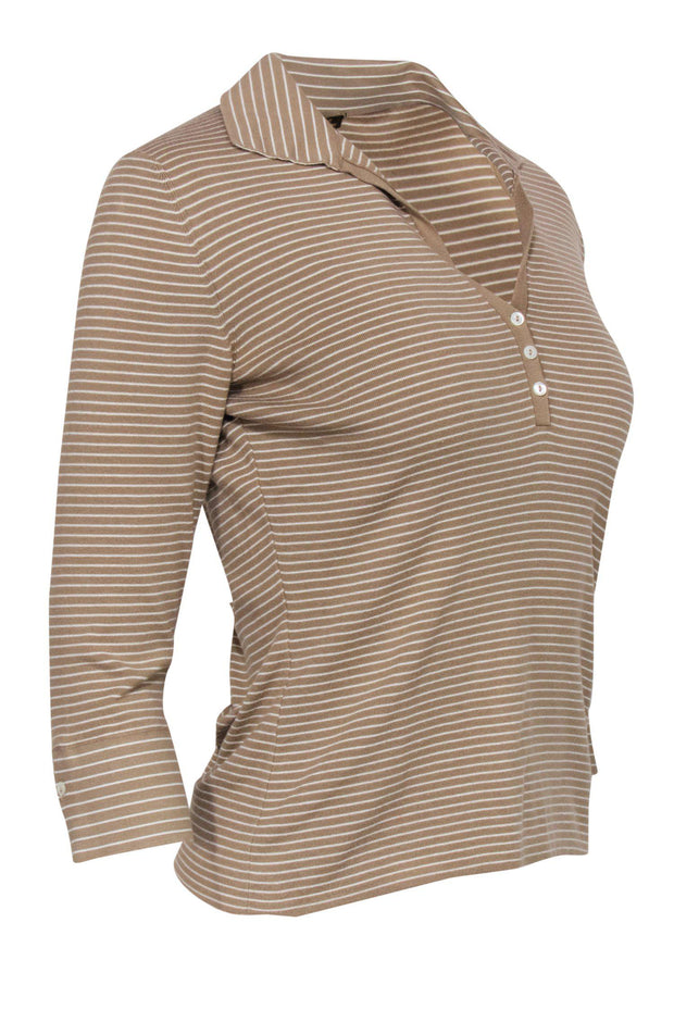 Current Boutique-Loro Piana - Tan & White Striped Henley-Style Quarter Sleeve Polo Sz 6