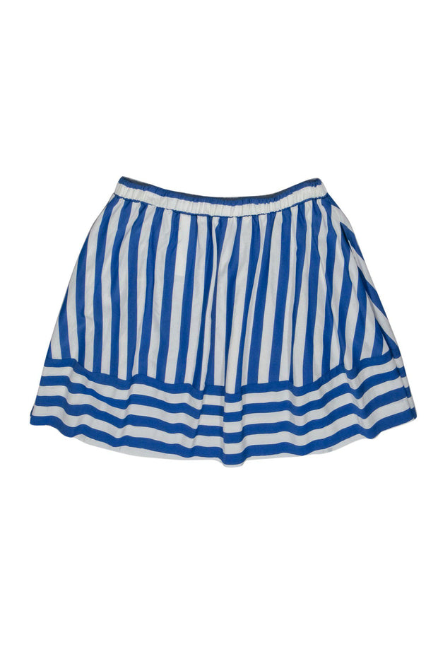 Current Boutique-Love Moschino - Blue & White Striped Skater Skirt w/ Rhinestone & Embroidered Logo Sz 6