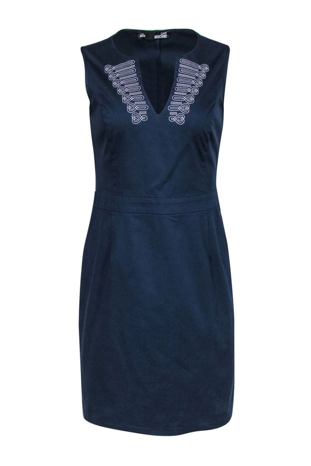 Current Boutique-Love Moschino - Navy Cotton Sheath Dress w/ White Embroidery Sz 8