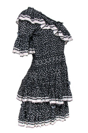 Current Boutique-Love Sam - Black & Grey Floral Print One-Shoulder Ruffle Tiered Dress Sz S