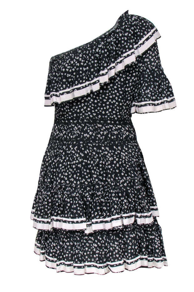 Current Boutique-Love Sam - Black & Grey Floral Print One-Shoulder Ruffle Tiered Dress Sz S