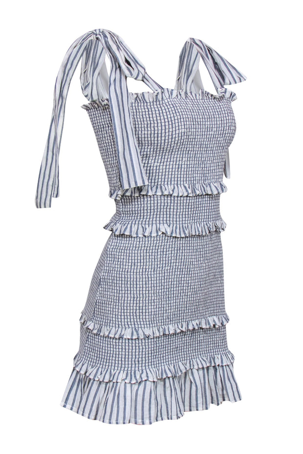 Current Boutique-LoveShackFancy - Blue & White Striped Smocked Dress w/ Ruffles & Tie Shoulders Sz S