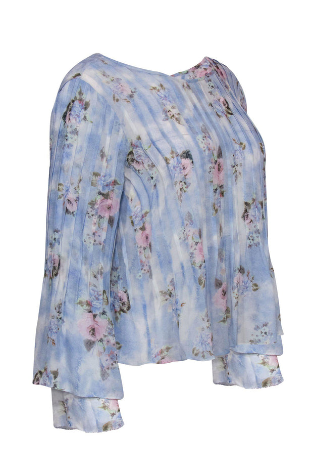 Current Boutique-LoveShackFancy - Light Blue Floral Print Silk “Paulette” Blouse Sz S