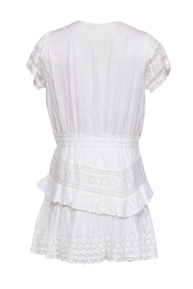 Current Boutique-LoveShackFancy - White Tiered Sheath Dress w/ Lace & Floral Eyelet Trim Sz L