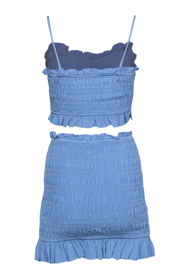 Current Boutique-Lovers + Friends - Baby Blue Smocked Ruffled Cropped Tank & Skirt Set Sz S