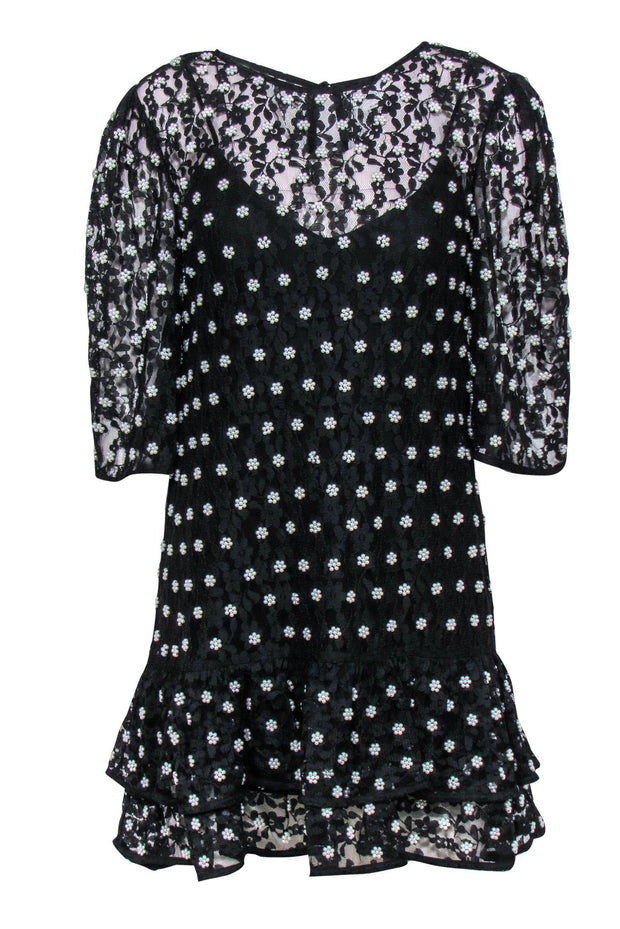 Current Boutique-Lovers + Friends - Black Lace Ruffled Hem Sheath Dress w/ Floral Pearls Sz M