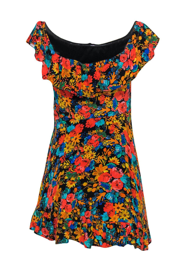 Current Boutique-Lovers + Friends - Black & Multi Floral Printed Ruffle Mini Dress Sz M