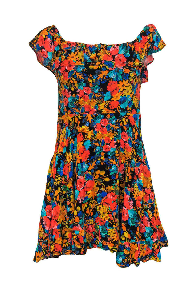 Current Boutique-Lovers + Friends - Black & Multi Floral Printed Ruffle Mini Dress Sz M