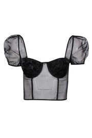 Current Boutique-Lovers + Friends - Black Sheer Cropped Corset-Style Puff Sleeve Blouse Sz XS