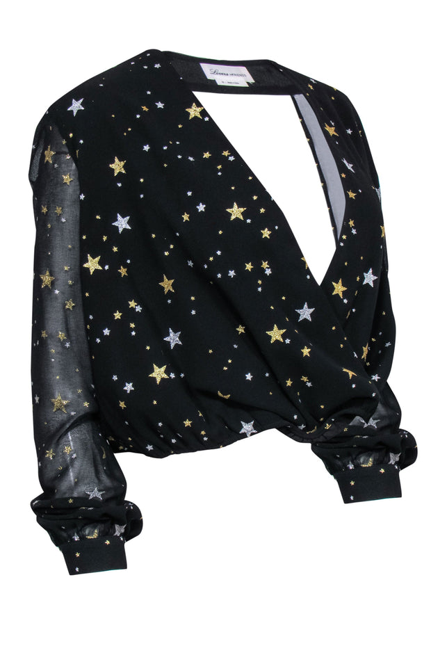 Current Boutique-Lovers + Friends - Black, Silver & Gold Star Print Cropped Blouse w/ Back Cutout Sz XS