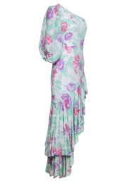 Current Boutique-Lovers + Friends - Blush, & Mint Rose Print Maxi Dress One Shoulder Design & Ruffle Asymmetrical Hem Sz S