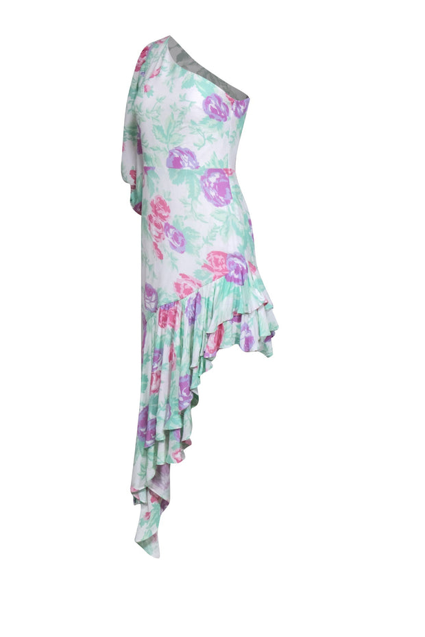 Current Boutique-Lovers + Friends - Blush, & Mint Rose Print Maxi Dress One Shoulder Design & Ruffle Asymmetrical Hem Sz S