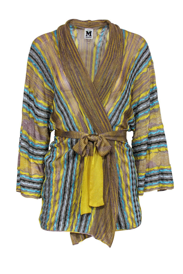 Current Boutique-M Missoni - Taupe Blue & Yellow Knit Cardigan w/ Waist Tie Sz 8