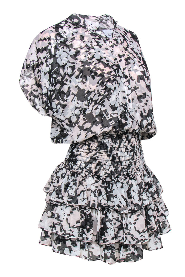 Current Boutique-MISA Los Angeles - Black & Blush Floral Smocked Waist Dress w/ Ruffles Sz S